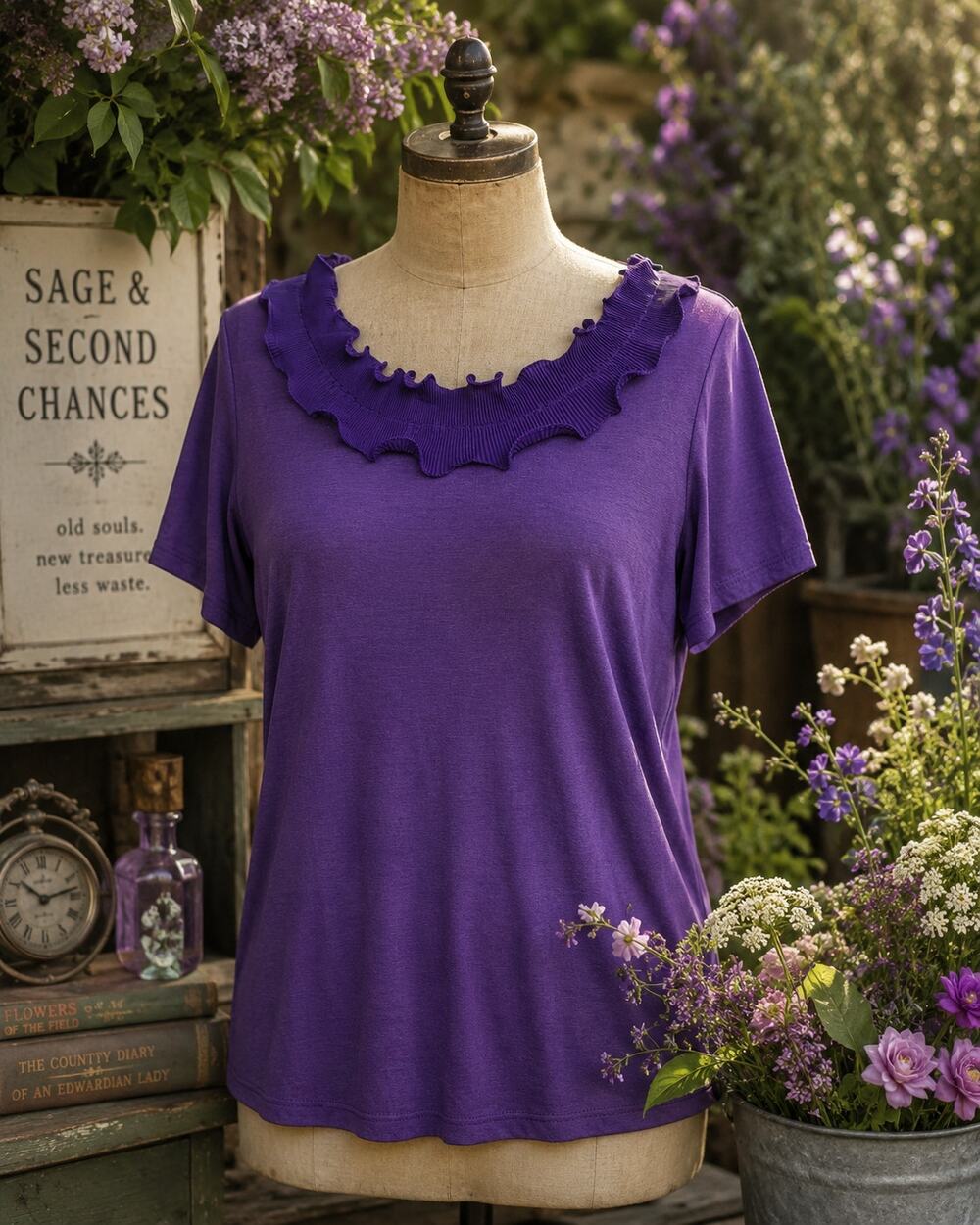 7W Purple Ruffle Neck Stretch Knit Top Women's Large Made USA